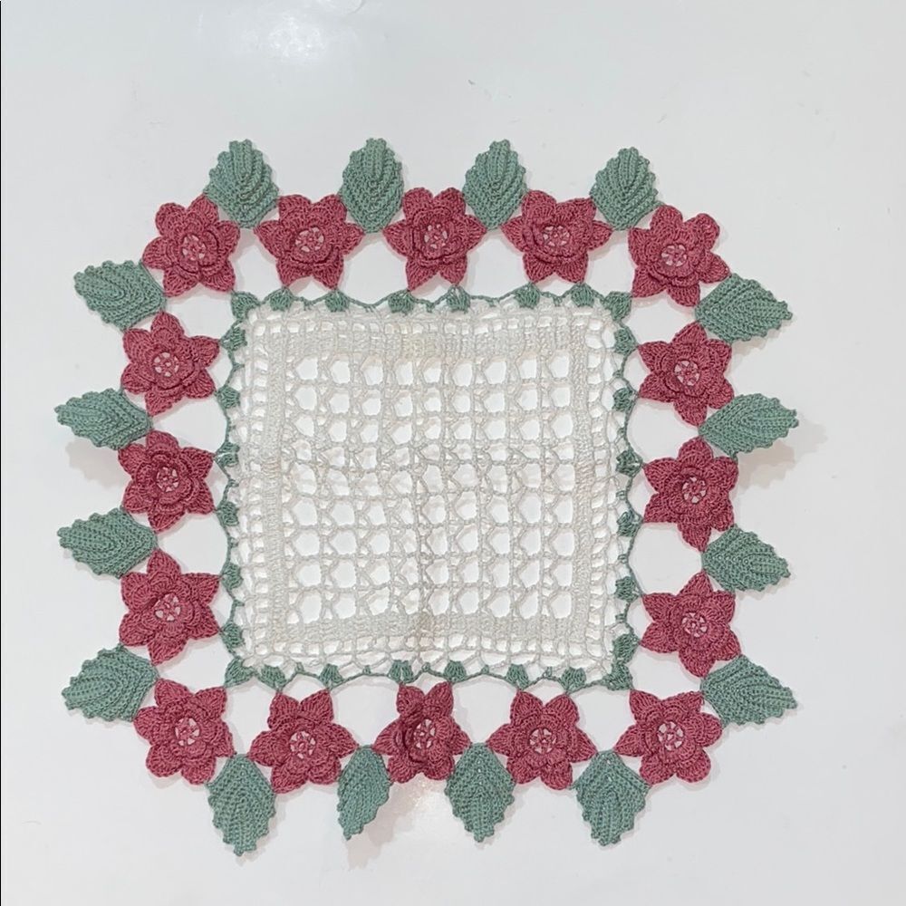 New Handmade Crochet Floral Doily with Pink and Green Accents